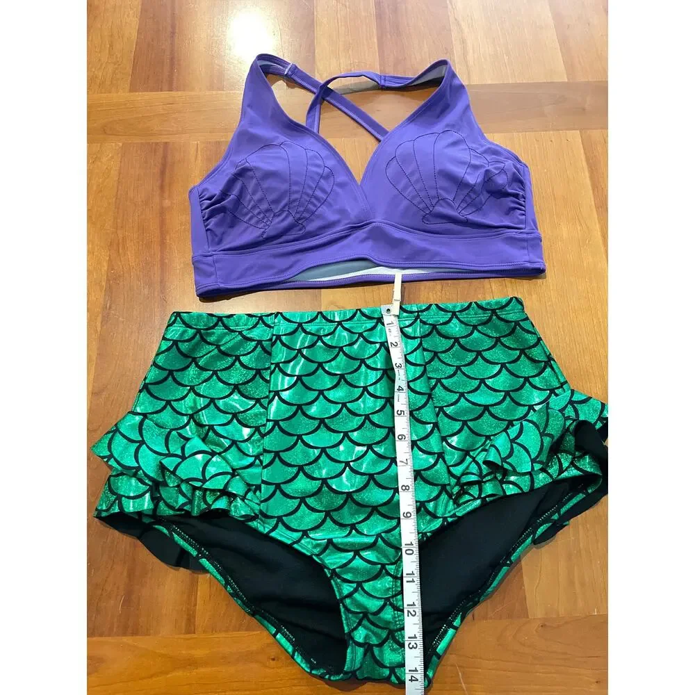 Disney Princess Ariel Bikini Set Purple Shell Top Green Scale High Waisted Sz 1x - Picture 10 of 14